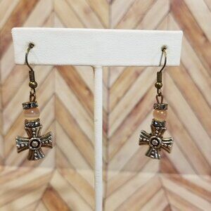 Brown and Bronze Beaded Cross Earrings